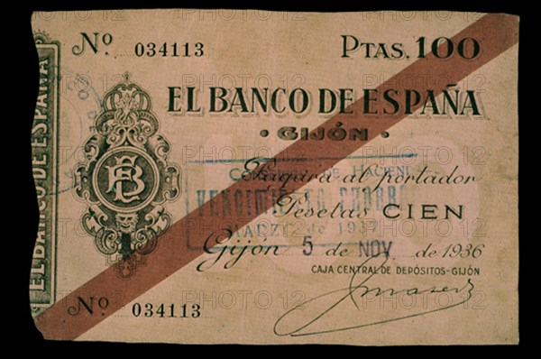 TALON DE 100 PESETAS AL PORTADOR 1936
MADRID, BANCO DE ESPAÑA-DOCUMENTOS
MADRID

This image is