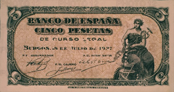 BILLETE DE 5 PESETAS 1937
MADRID, BANCO DE ESPAÑA-DOCUMENTOS
MADRID

This image is not