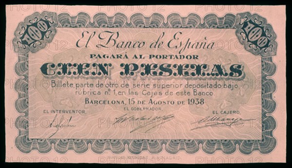 BILLETE DE 100 PESETAS 1938
MADRID, BANCO DE ESPAÑA-DOCUMENTOS
MADRID

This image is not