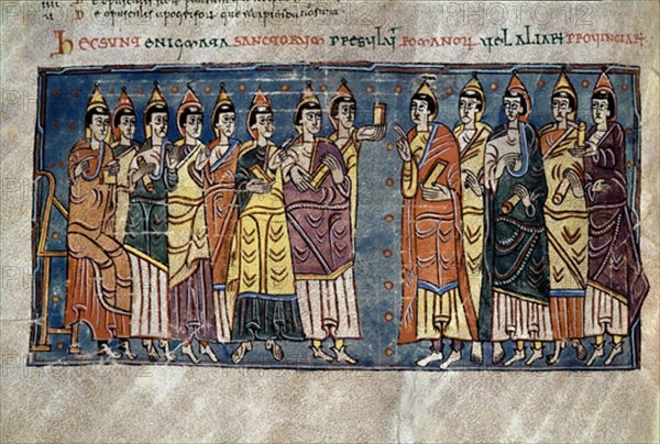CODICE ALBENDENSE MOZARABE FOL 242 V - REUNION DE OBISPOS Y PERSONAJES
SAN LORENZO DEL ESCORIAL,