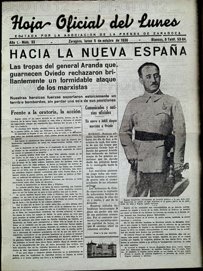 PERIODICO LA HOJA OFICIAL DEL LUNES 1936:"HACIA LA NUEVA ESPAÑA"ARANDA EN OVIEDO
MADRID,