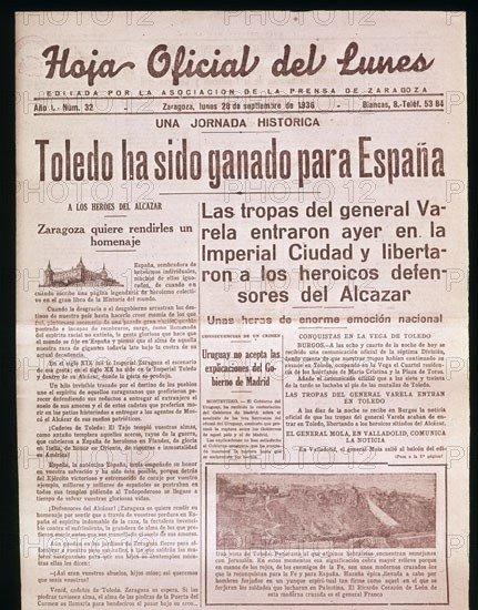 PERIODICO-HOJA OFICIAL DEL LUNES - TOMA DE TOLEDO POR FRANCO - 1936
MADRID, HEMEROTECA