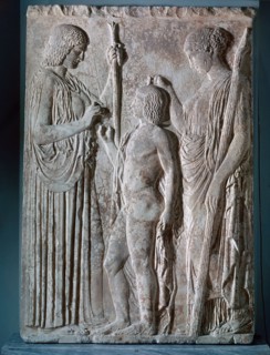 Art grec, bas-relief votif représentant les mystères d'Eleusis