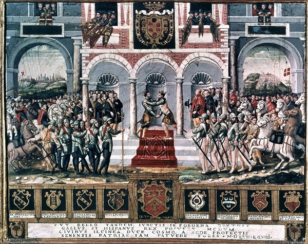 REYES DE FRANCIA Y ESPAÑA ABRAZO TRAS EL TRATADO DE CATEAU (3/4/1559) -ENRIQUE II/FELIPEII
SIENA,
