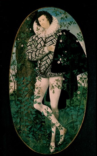 HILLIARD N 1547/1619
*JOVEN APOYADO EN UN ARBOL-MINIATURA S XVI-ACUARELA-RENACIMIENTO