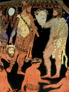 Masques de théâtre représentés sur un vase grec