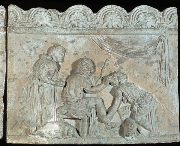 *ULISES RECONOCIDO DE LA VIEJA EURICLEA QUIEN LAVA PIES-TABLA TERRACOTA
ROMA, MUSEO DE LAS
