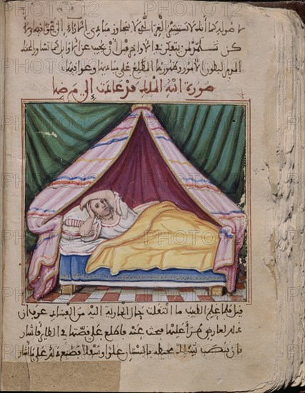 "CONSOLACIONES EN EL ENTRETENIMIENTO DE CALIFAS Y REYES"MAN ARABE 528-FOL 65V-SULTANA EN LA CAMA-S