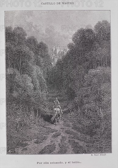 DORE GUSTAVE 1832-1883
LIBRO ECOS DE MONTANA DE ZORRILLA-GRABADO:VIAJERO HACIA EL CASTILLO