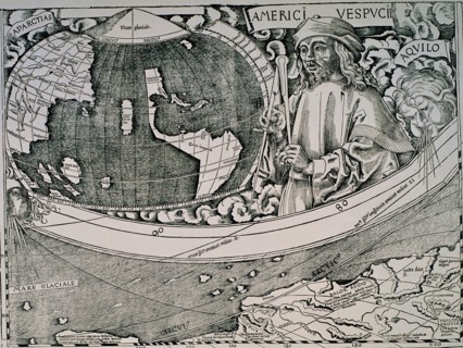 Waldseemüller, détail d'une mappemonde où apparaît Vespucci