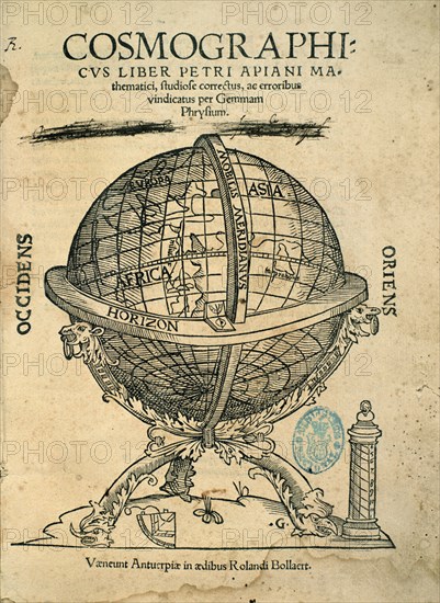 APIANO PEDRO 1495-1552
COSMOGRAPHIA 1524. PORTADA. ESFERA TERRESTRE-PORTADA. LIBRO CIENTIFICO S