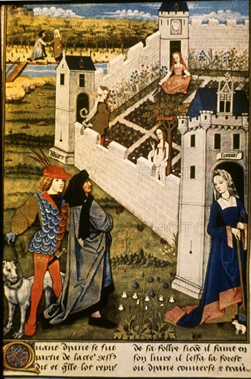 CABALLEROS CORTEJANDO A MUJER Y ESPIADOS POR CELESTINA-MANUSCRITO FRANCES S XV
MADRID, BIBLIOTECA
