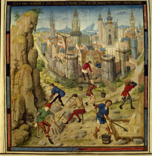 Crusades History Book: Men reconstructing the walls of Jerusalem