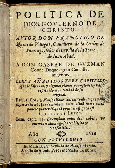 QUEVEDO FRANCISCO 1580/1645
PORTADA DE POLITICA DE DIOS.GOBIERNO DE CRISTO.DEDICADA A D.GASPAR DE