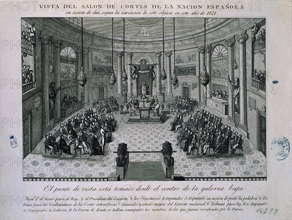 CORTES DEL TRIENIO LIBERAL 1821(ESTE SERIA EL SALON CORTES DEL SENADO)
MADRID, BIBLIOTECA NACIONAL