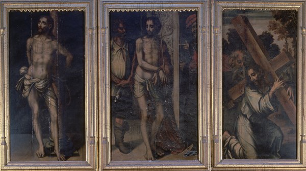 MORALES LUIS DE 1515/1586
RETABLO-DETALLE TABLA-CRISTO ATADO COLUMNA,CAMINO CALVARIO PORTANDO LA