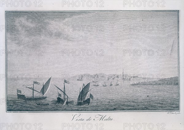 ESTEVE RAFAEL 1772/1847
GRABADO-VISTA DE MALTA ASEDIADA POR NAVIOS TURCOS S XVI

This image is