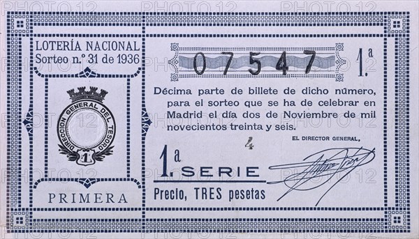 DECIMO DE LA LOTERIA NACIONAL- SORTEO MADRID 2/X/1936  EDICION 1- TRES PESETAS
MADRID, COLECCION