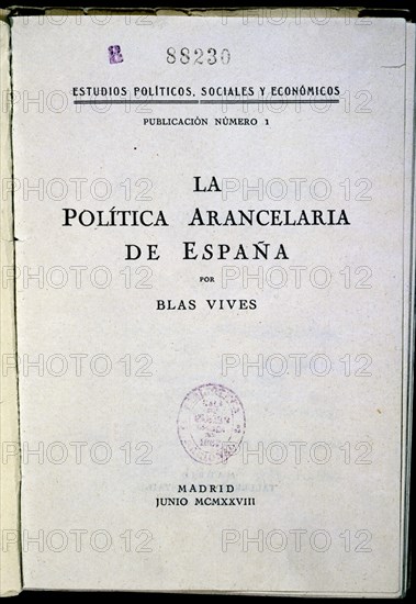 VIVES BLAS
POLITICA ARANCELARIA PORTADA  SIG V-C-961 N14
MADRID, BIBLIOTECA NACIONAL