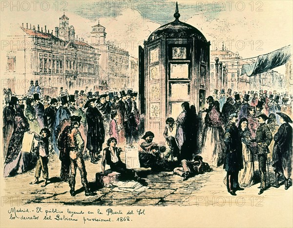 MADRID-EL PUBLICO LEYENDO EN LA PUERTA DEL SOL LOS DECRETOS DEL GOBIERNO PROVISIONAL 1868
Madrid,