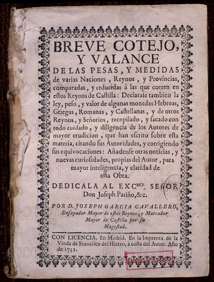 GARCIA CABALLER
BREVE COTEJO Y BALANCE DE PESAS Y MEDIDAS
MADRID, BIBLIOTECA NACIONAL