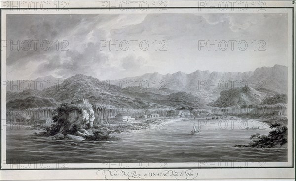 BRAMBILA FERNANDO 1763/1834
ISLAS MARIANAS - VISTA DEL PUERTO DE UMATAC - PLUMA Y AGUADA DE TINTA