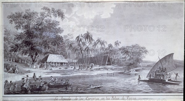 BRAMBILA FERNANDO 1763/1834
LA AGUADA DE LAS CORBETAS EN LAS ISLAS DE VAVAO -OCEANIA - PLUMA Y