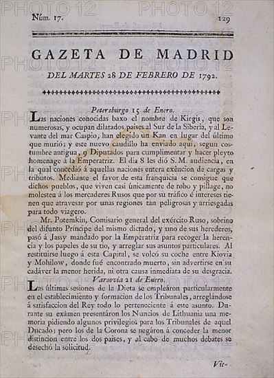 GAZETA DE MADRID - PORTADA DEL 28/2/1792         R-24572
MADRID, BIBLIOTECA NACIONAL