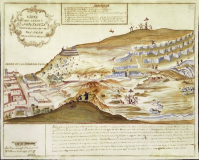 VISTA DEL CERRO Y FORTALEZA HECHA POR LOS INCAS EN LA CIUDAD DE CUZCO EN PERU - DIBUJO DEL SIGLO XVIII