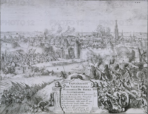 HOOGE R DE
GRABADO-EXPUGNACION DE VALENCIANAS-GOBERNADORA MARGARITA DE PARMA
MADRID, BIBLIOTECA