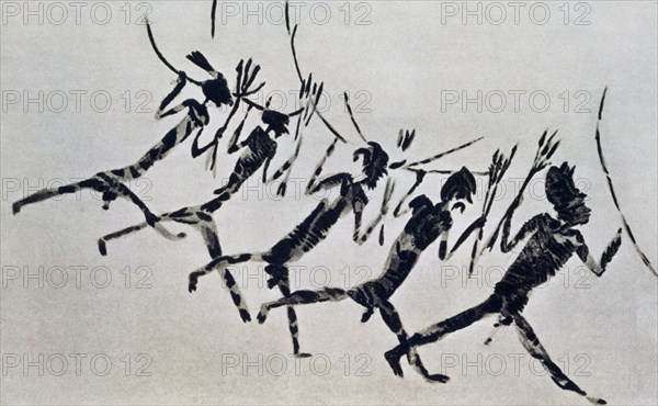 REPRODUCCION DE PINTURA RUPESTRE-DANZA RITUAL-CAZADORES Y JEFE
ARES DEL MAESTRE, CUEVA