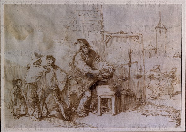 ALENZA LEONARDO 1807/45
VENDEDOR CALLEJERO- ASADOR DE CASTAÑAS- S XIX- DIBUJO A PLUMA Y AGUADA-