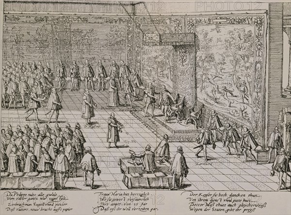 HOGENBERG
GRABADO - ABDICACION DE CARLOS V EN FELIPE II EN LOS PAISES BAJOS EL 25/10/1555 -