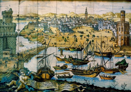Glazed tiles showing Seville from the Triana district in 1738