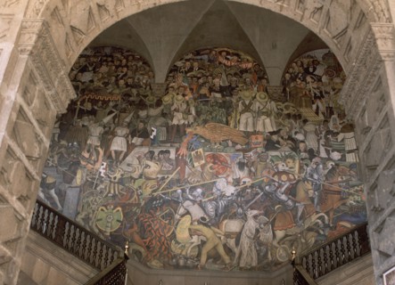 RIVERA, DIEGO. ESCALERA PRINCIPAL - PINTURA MURAL - HISTORIA DE MEXICO - SINTESIS - FRESCO SIGLO XX