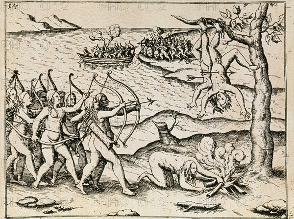 BRY THEODORE 1528-1598
GREAT VOYAGES 1590. AMERICA. GRABADO-MUJERES AMAZONAS MATANDO A LOS INDIOS