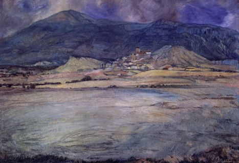 Ignacio Zuloaga (1870-1945)     PUEBLO DE ZARAGOZA - ESCO - SIGLO XX - OLEO/LIENZO - 90 X 30 CMS.