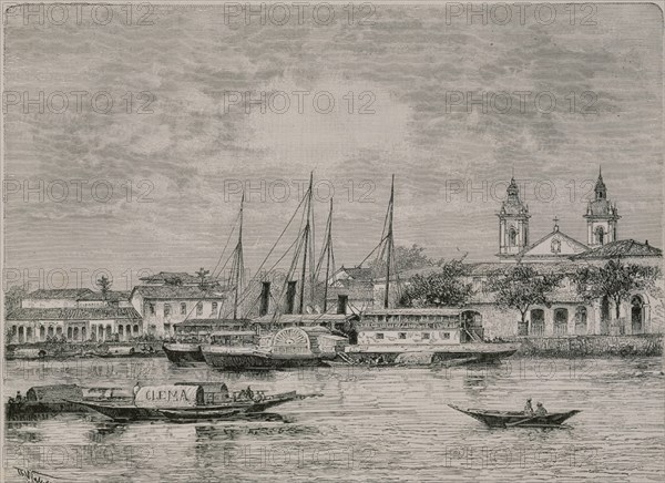 GRABADO-EL PUERTO DE MANAOS-BRASIL- S XIX