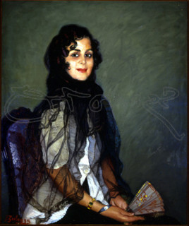 ZULOAGA IGNACIO 1870-1945
ANGUSTIAS DE BLANCO CON MANTILLA NEGRA Y ABANICO-O/L 95X79CM
MADRID,