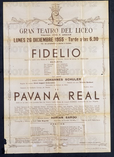 CARTEL DEL TEATRO DEL LICEO-OPERA DE FIDELIO Y BALLET PAVANA REAL-1955
MADRID, COLECCION