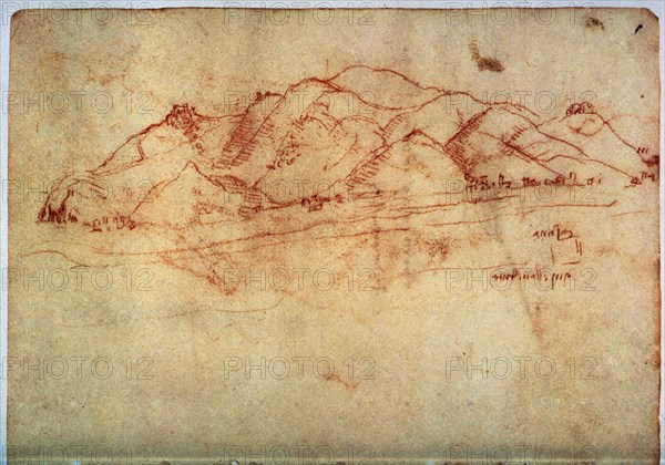 VINCI LEONARDO 1452/1519
PAISAJE CERCA DE PISA - AÑO 1502-3  TIZA ROJA EN PAPEL 21,5 x 15 CM. Cod.