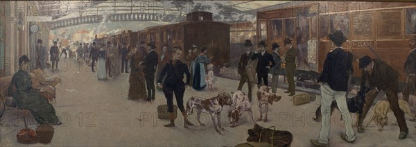 GUIARD ADOLFO1860-1916
CAZADORES EN LA ESTACION DEL NORTE 1887 O/L 116X310 CM
BILBAO, COLECCION