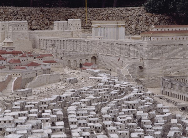 RECINTO DEL TEMPLO-MURALLAS DE HERODES CON ESCALERA Y LA CIUDAD
JERUSALEN, MAQUETA DE