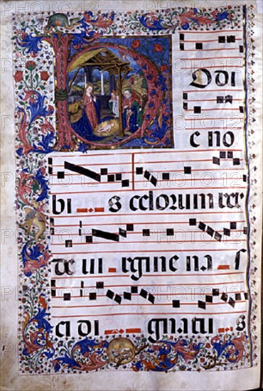 LIBRO DE CORO-S XV-PAGINA MINIADA-LETRA B CON ESCENA DEL PORTAL DE BELEN
GUADALUPE,