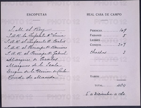 ESTADO DE CACERIA EN LA REAL CASA DE CAMPO-5/12/1920-RELACION DE ESCOPETAS Y PIEZAS
MADRID,
