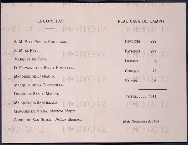 RELACION DE CAZADORES Y PIEZAS COBRADAS EN LA REAL CASA DE CAMPO-10/11/1909
MADRID, PALACIO