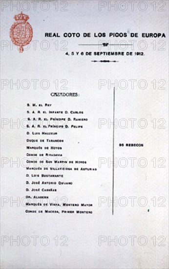 ESTADO DE CACERIA EN COTO DE PICOS DE EUROPA-SEPT 1912-TARJETA CON CAZADORES Y PIEZAS