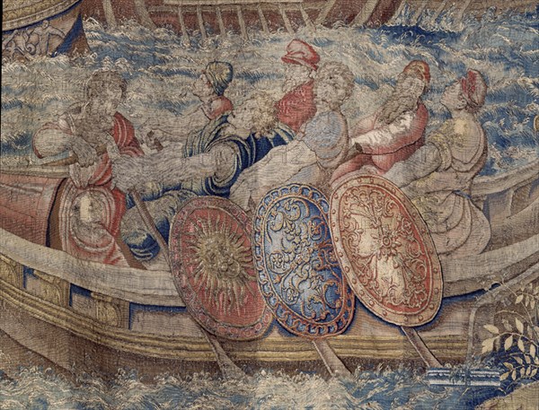RONDE CORNELIS DE 
TAPIZ S XVII-"ENEAS CAMINO DE ITALIA"DET NAVE CON ENEAS-Hª DIDO Y