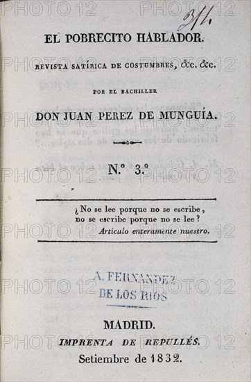 PEREZ DE MUNGUIA J
EL POBRECITO HABLADOR-REVISTA SATIRICA DE COSTUMBRES Nº 3-IMPRIME REPULLES