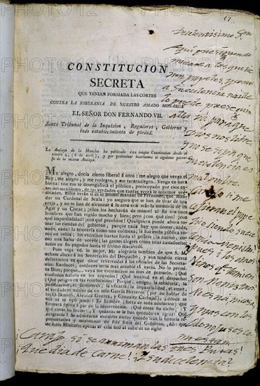 CONSTITUCION SECRETA QUE TENIAN FORMADAS LAS CORTES CONTRA LA SOBERANIA FERNANDO VII-1814
MADRID,